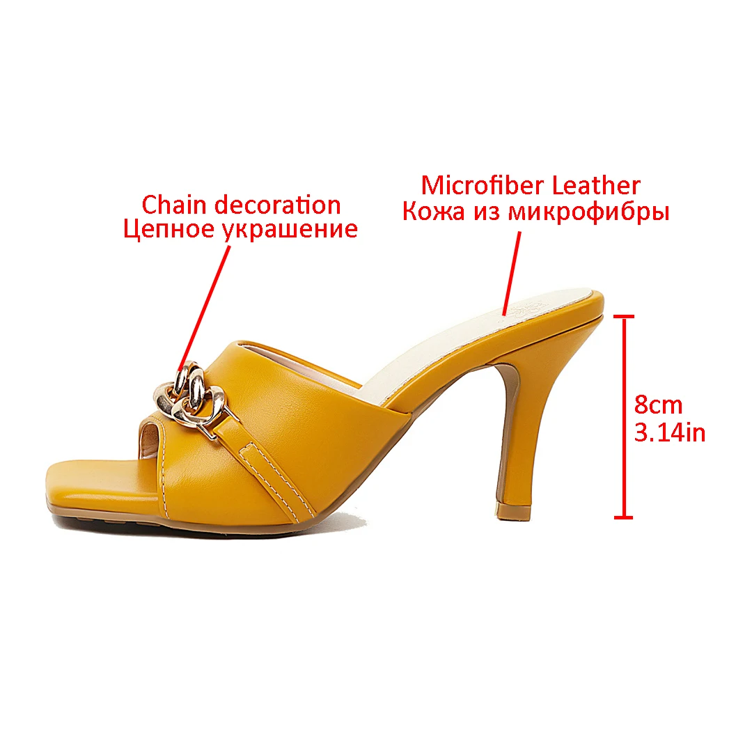 

WETKISS Women Slippers Thin High Heels Shoes Chian Decor Outside Slides Sandals Square Open Toe Sandals Casual Shoes 2021