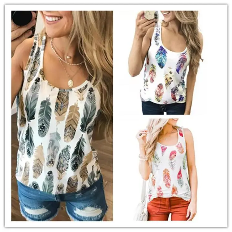 

WEPBEL Vest Women's Casual Slim T-shirt Summer Fashion Round Neck Feather Print Sleeveless Vest T-shirt Top