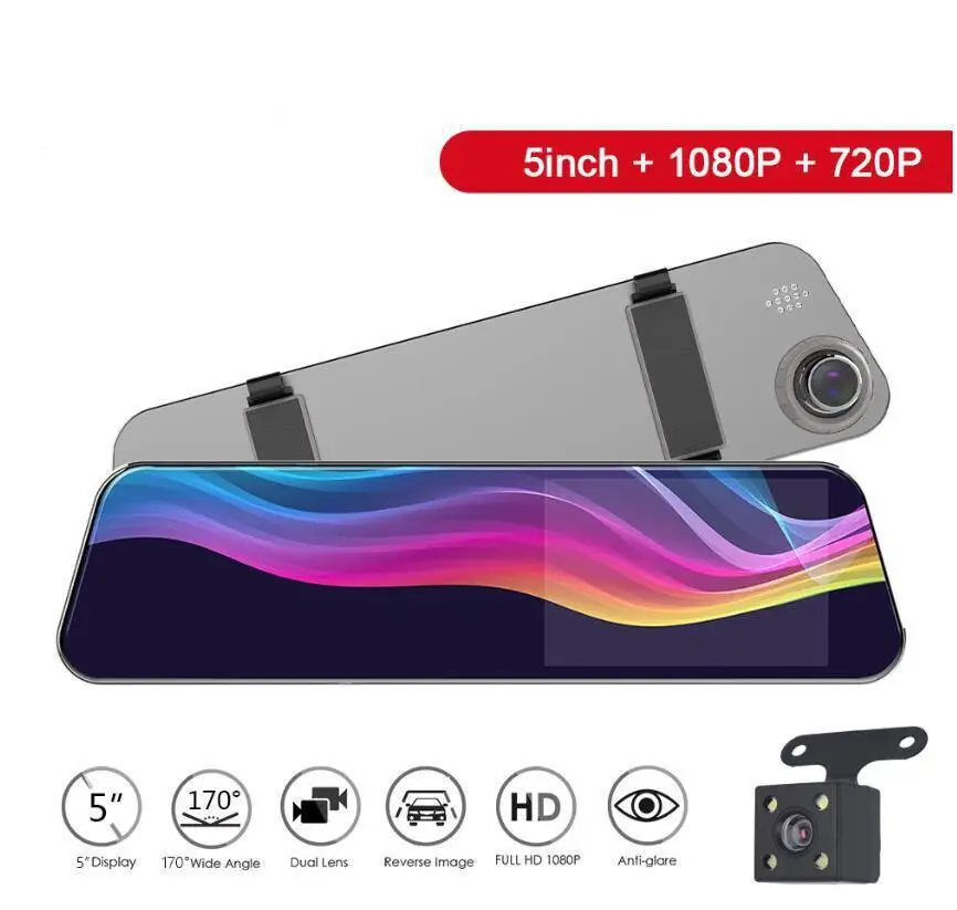 

5 Inches IPS Screen Car DVR A6 Rear View Mirror Type 1080P Full HD Night Vision Dash 2 Lens Recorder Dash Cam Rear Camera