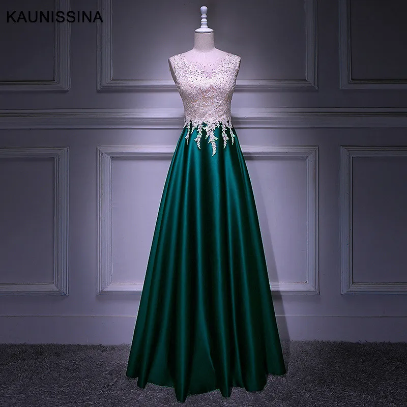 Long Green KAUNISSINA, женское вечернее платье для церемонии, длинное платье, круглый вырез, кружево, атлас, бисер, длина до пола, платье для выпускного вечера, настоящая фотография, Vestido - Цвет: Long Green