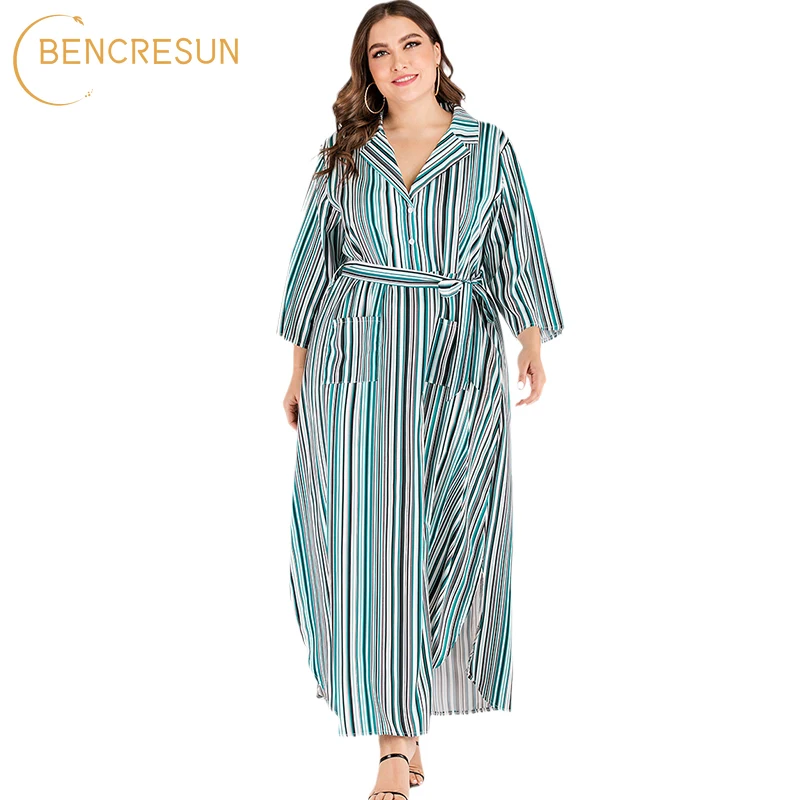 

Women's Plus Size Dress Summer Striped Pattern Lapel Tie Multi-pocket Nine-point Sleeves Button Slim Casual Ladies Long Dress
