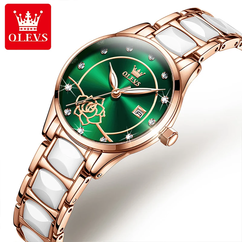 OLEVS 2021 New Fashion Women's Watch Calendar Diamond British Movement Ceramic Quartz Watches Camellia Waterproof Luminous 3606 enlarge