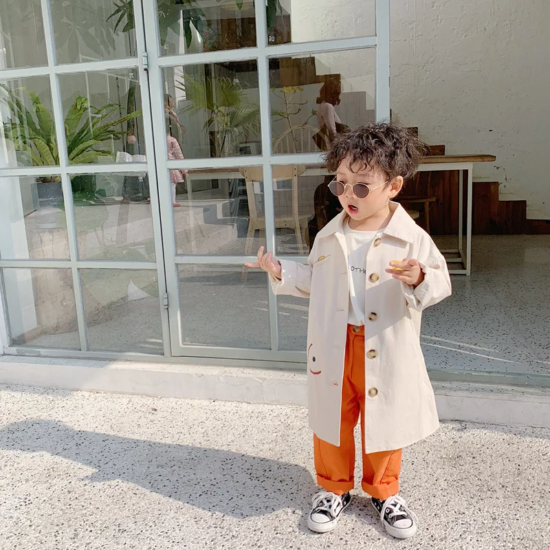 Модные Длинные куртки-тренчи для мальчиков Весенняя однобортная свободная