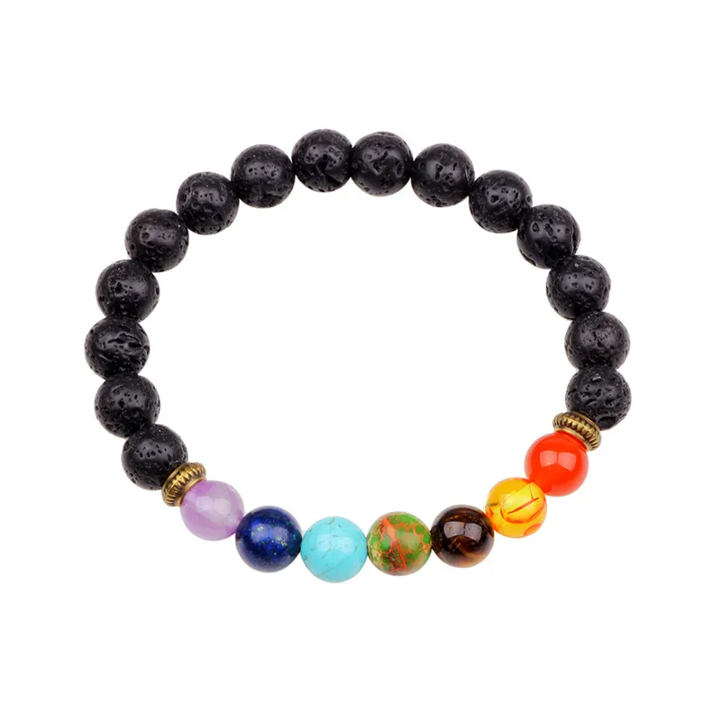 

Natural Lava Stone Beads Bracelet Bangle Buddhist Buddha Prayer Colorful 7 Chakra Healing Jewelry Accessories for Men Women