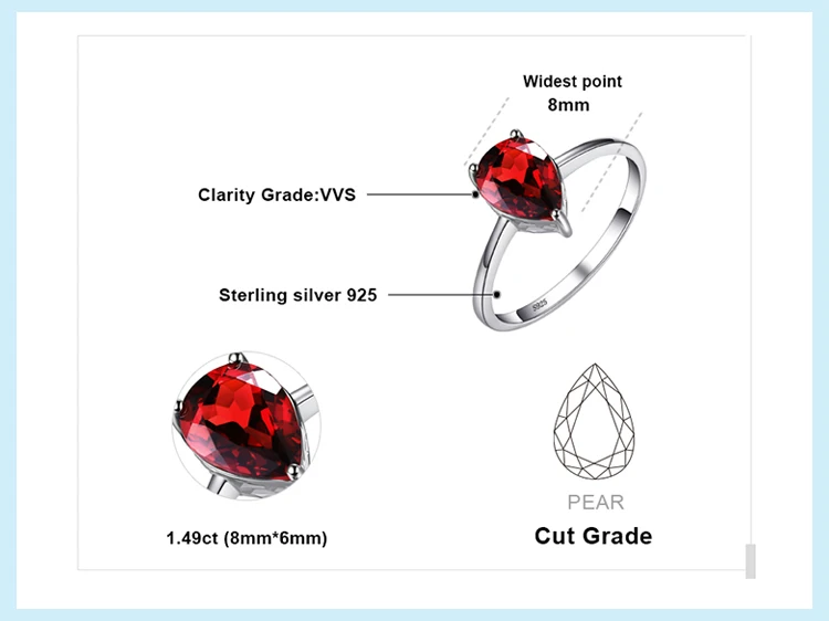 Jewelrypalace груша 1.4ct натуральный красный камень Гранат пасьянс кольцо стерлингового серебра 925 пробы бренд Модные украшения для Для женщин