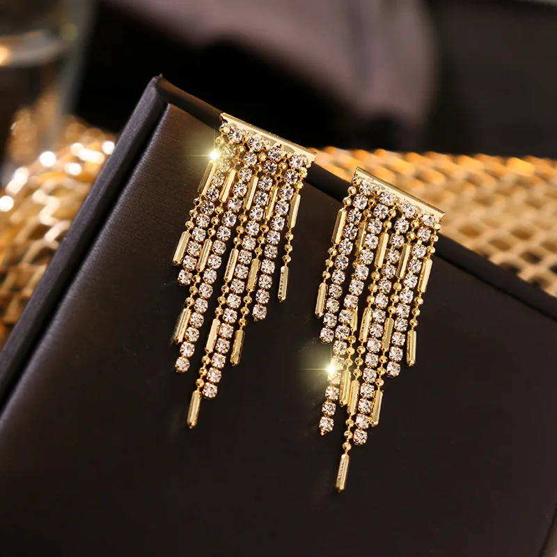 Корейские блестящие серьги с кисточками Rhinesrone для женщин эффектные длинные