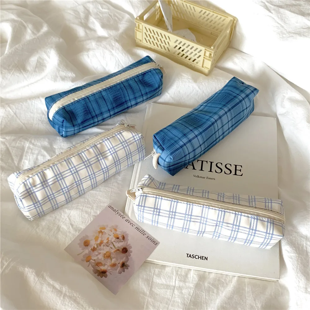 Ins Sea Salt Bule клетчатая сумка карандаш в стиле ретро простой стиль косметичка для