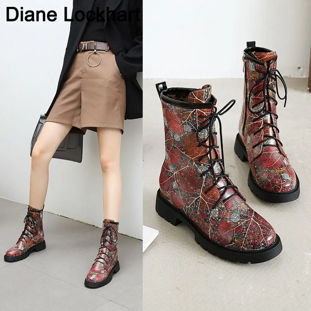 

Женские ботинки с цветочным принтом, зимние женские ботильоны на шнуровке, однотонные мотоциклетные ботинки с круглым носком, повседневная...