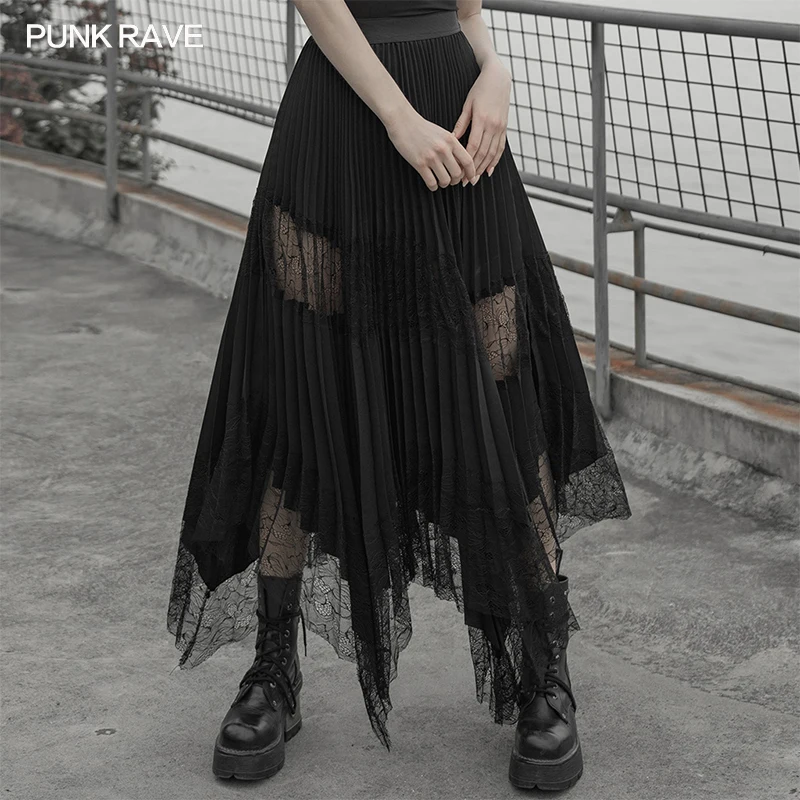 

PUNK RAVE Women's Gothic Daily Chiffon Pleated Lace Mid-Calf Skirt Mesh Stitching Asymmetric Sharp Angle Hem Casual Long Skirts
