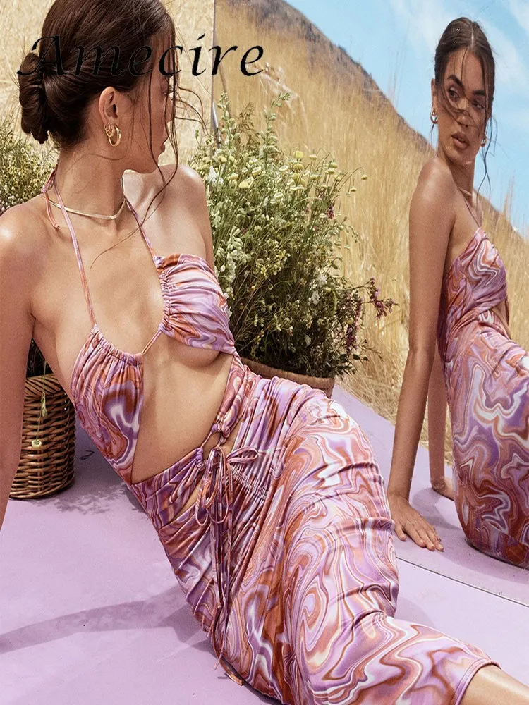 

Amecire 2021 распродажа летнее платье с лямкой на шее с принтом пикантное женское платье для выпускного вечера праздничное элегантное винтажное ...