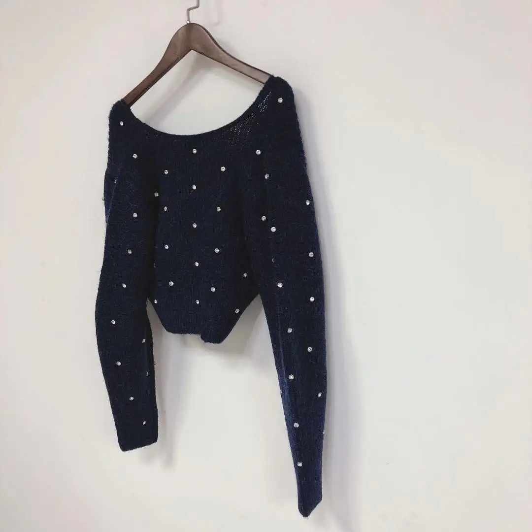 

Spring 2021 Early New Long-sleeved V-neck Twisted Rhinestone Loose Pullover Sweater Fashion All-match Sweater Women