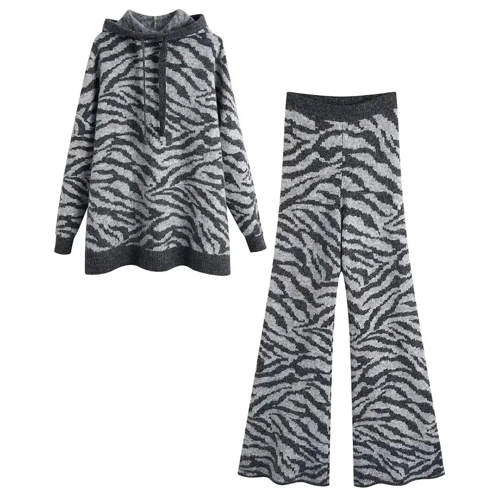 

Za Women's 2021 Fall New Alpaca and Wool Blended Hooded Sweater Pants Suit Fashion Zebra Pattern Casual Loose Female Top Pants