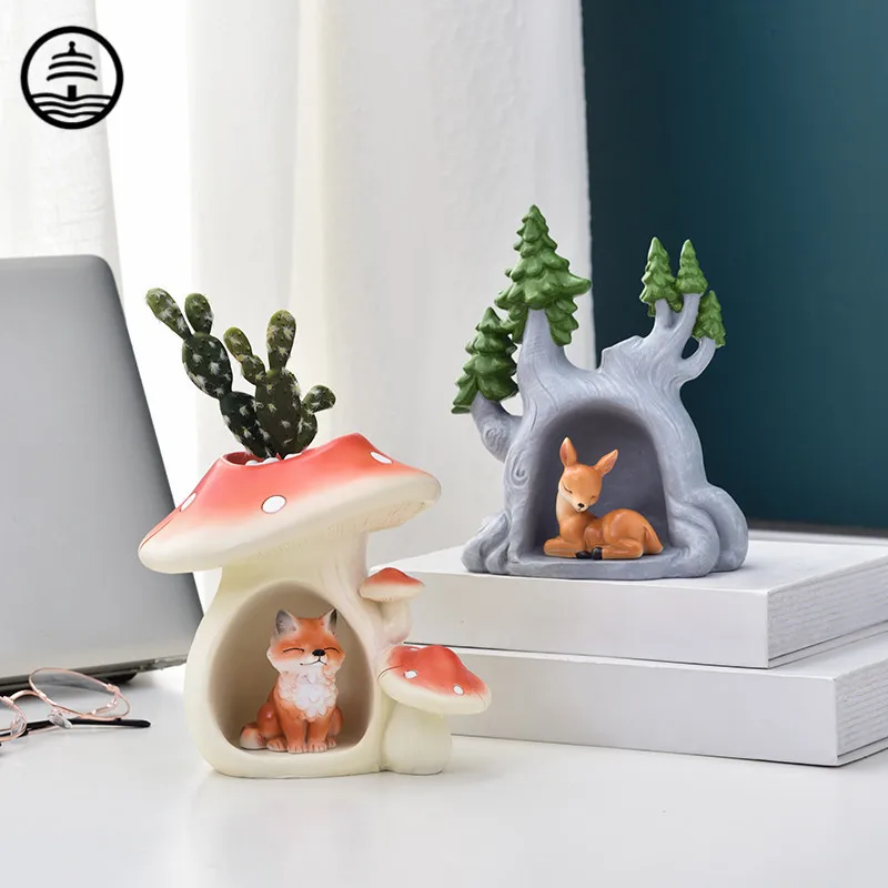 

Deer Bear Fox Rabbit Art Sculptures Decor Healing Animal Statue Mini FlowerPot Resin Craft Office Home Decoration Accessories