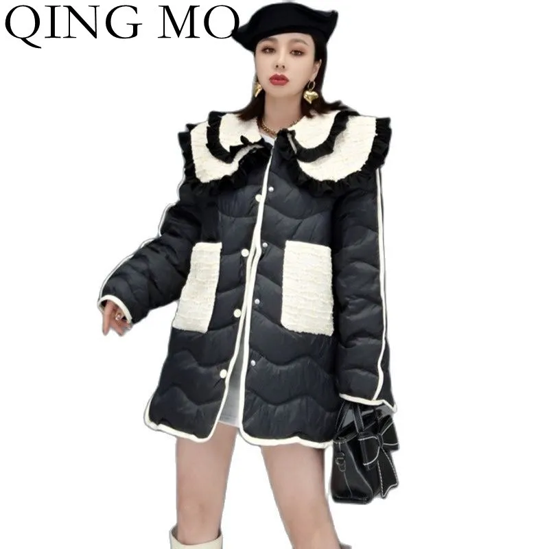 

QING MO 2021 Winter New Duck Down Doll Collar Down Jacket Women Fashion Stitching Casual Warm Single-breasted Jacket ZWL1960