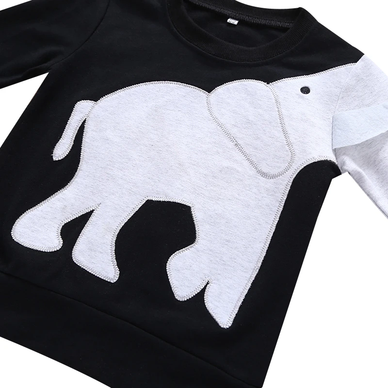 

Children's Round Neck Long-sleeved Shirt Black Boys And Girls Spring And Autumn Elephant T-shirt Bottoming Shirt Daily Wear
