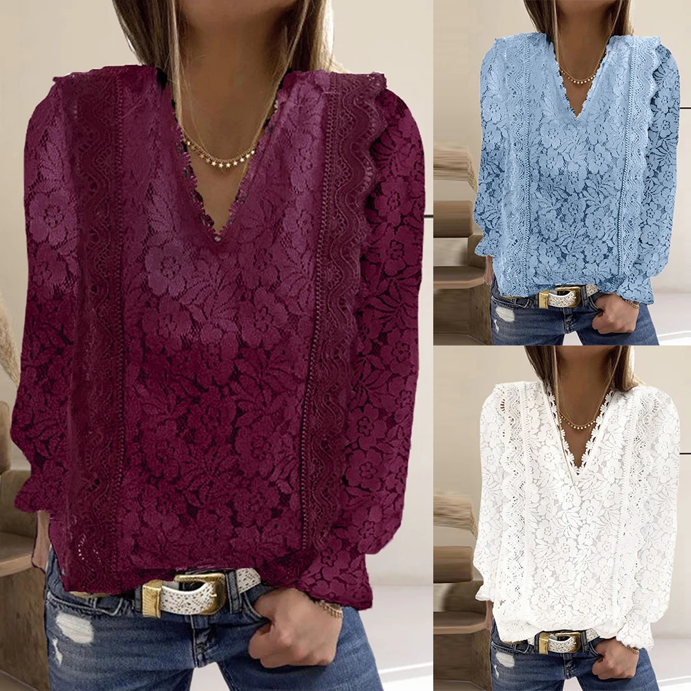 

Lace Ruffle Ladies Blouses Tops Tshirt Sexy Deep V Neck Office Ol Solid Color T-Shirt Tee Shirt Autumn Spring Female Blouses