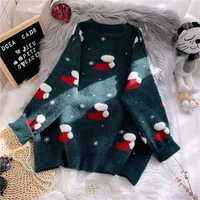 snowflake christma o neck sweaters women fashion long sleeve autumn winter socks print knitted female pullover chic lady sweater
