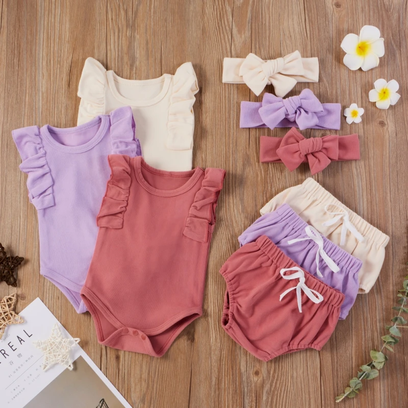 

3pcs Newborn Infant Baby Girls Clothes Sets Cute Cotton Soft Solid Ruffles Sleeveless Romper Tops+Shorts+Headband Outfits Suit