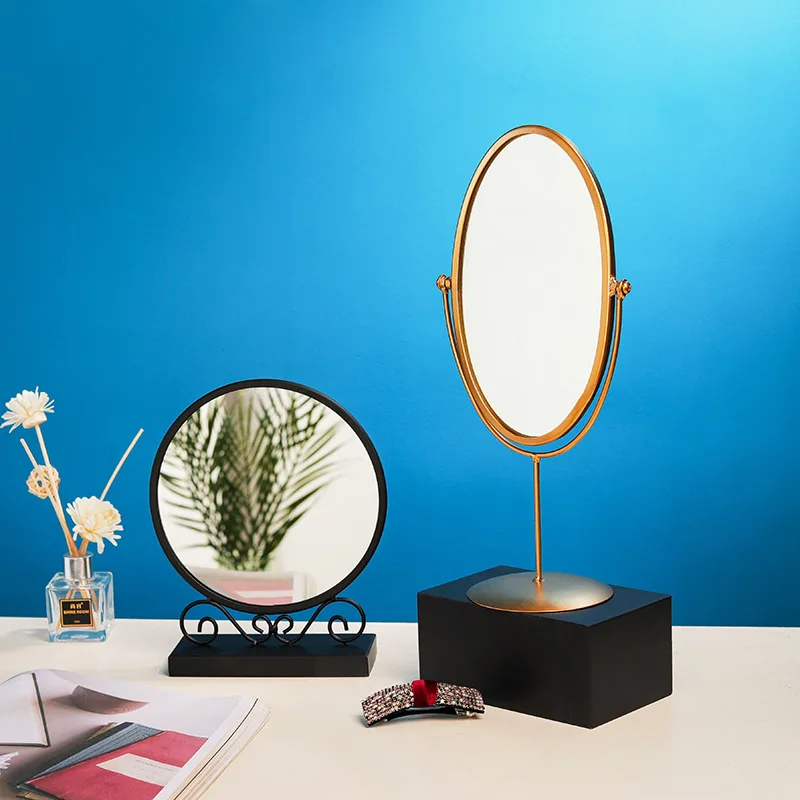 

Nordic Metal Round Mirror Desktop Makeup Mirror Girl Dressing Make Up HD Mirrors Gold Jewelry Cosmetic Storage Trays Decorative