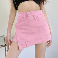 2021 new summer women high waist denim shorts candy color irregular skorts skirts slim button up street wear short jeans skort