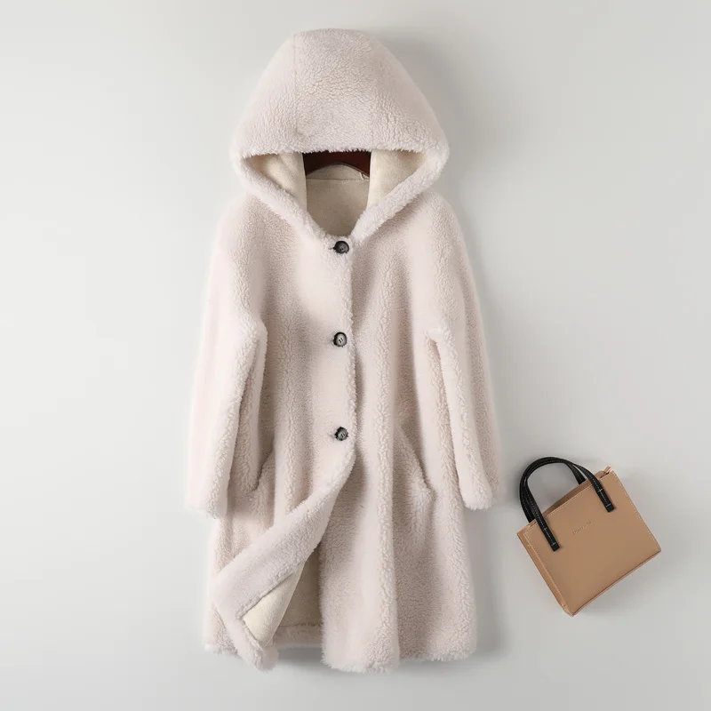 

Women 2022 Winter New Real Wool Fur Overcoats Female Natural Sheep Shearing Fur Jackets Ladies Casual Warm Hooded Outwears
