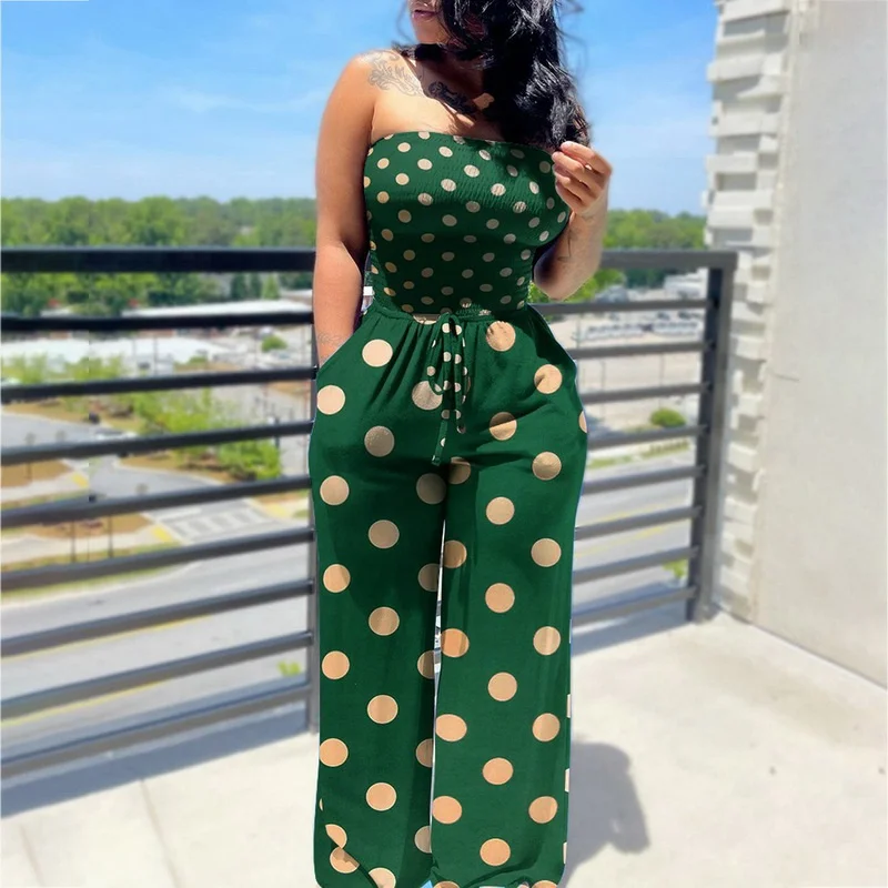 

Elegant Sexy Jumpsuits Women Sleeveless Polka Dots Loose Trousers Wide Leg Pants Rompers Holiday Backless Bow Leotard Overalls