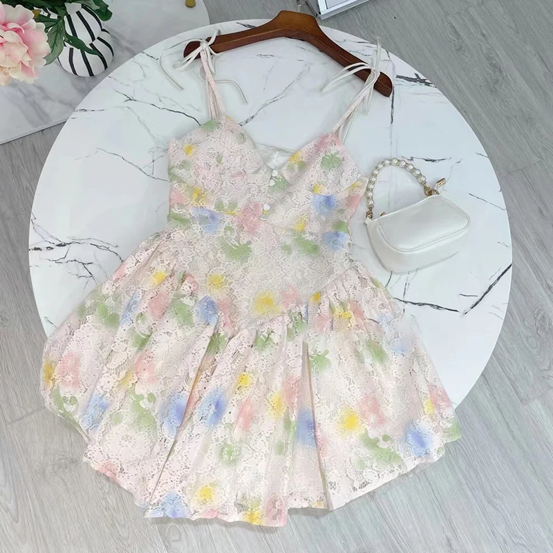 

CHICEVER Casual Print Dress For Women V Neck Sleeveless High Waist Ruched Hit Color Mini Dresses Female Fashion 2021 Clothes New