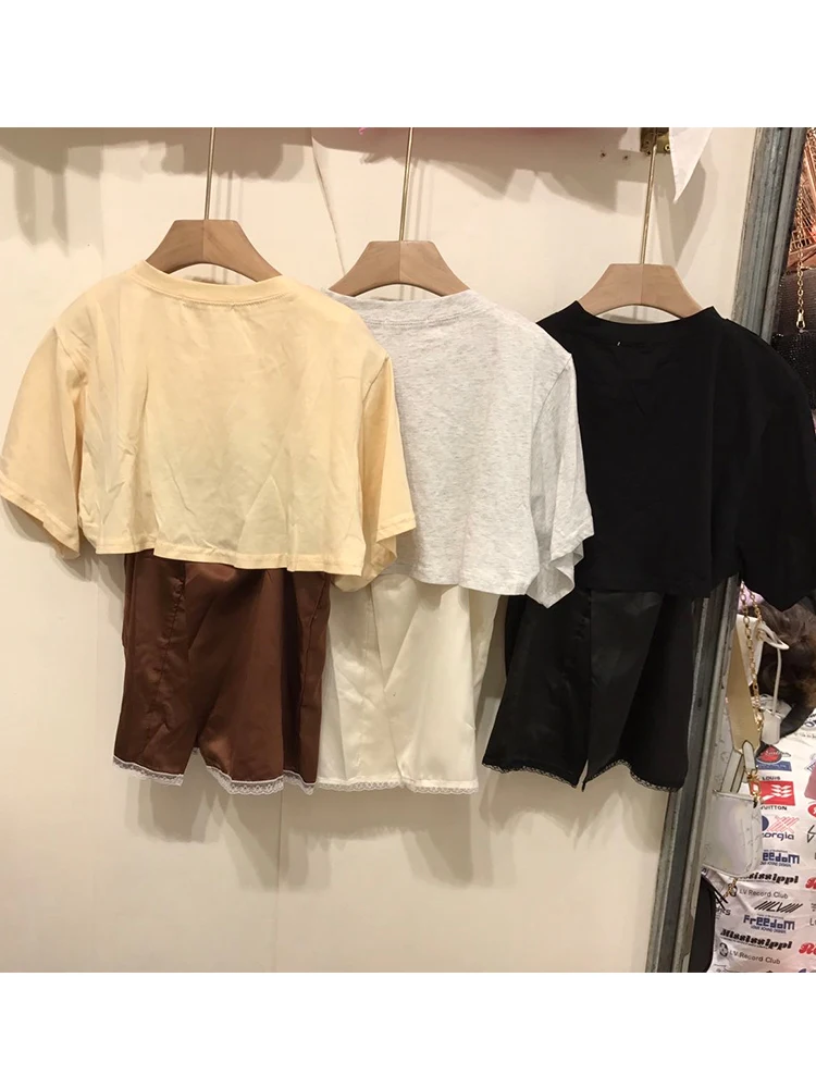 

summer letter printing Women's stitching satin lace fake two-piece fashion T-shirt 2021New ladies summer temperament T-shirt XL