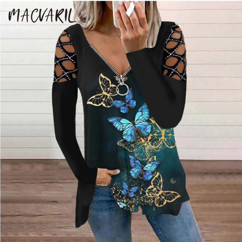 

Women Fashion Long Sleeve Print Irregular Hem Blouse Shirt 2021 Spring Autumn Tops Casual Loose Hollow Zipper V Neck Blusa Shirt