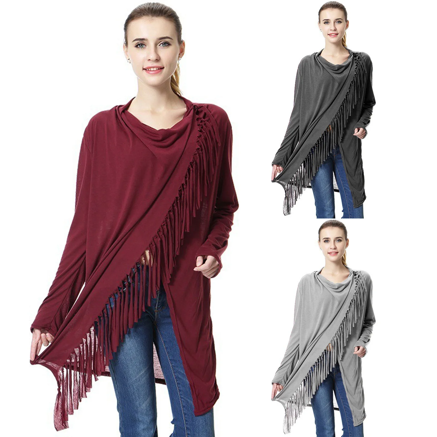 

Donsignet New Mid Length T Shirt Top Slim Tassel Diagonal Collar Womens Sweater Solid Long Sleeve T Shirt for Women