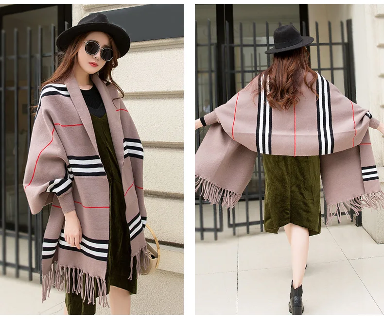 Модный женский вязаный кардиган весна осень stripeMid длинные кисточки свитер-накидка пальто шаль s300