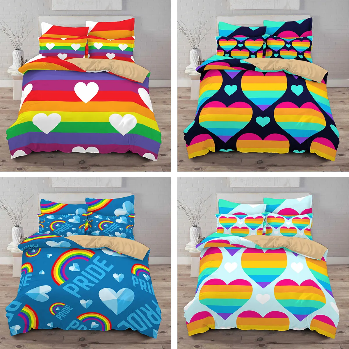 

Cartoon Bedding Set Rain bow Love Heart Print 3d Quilt Cover Pillowcase 2/3pc Twin Queen King Size Adults Kids Duvet Cover