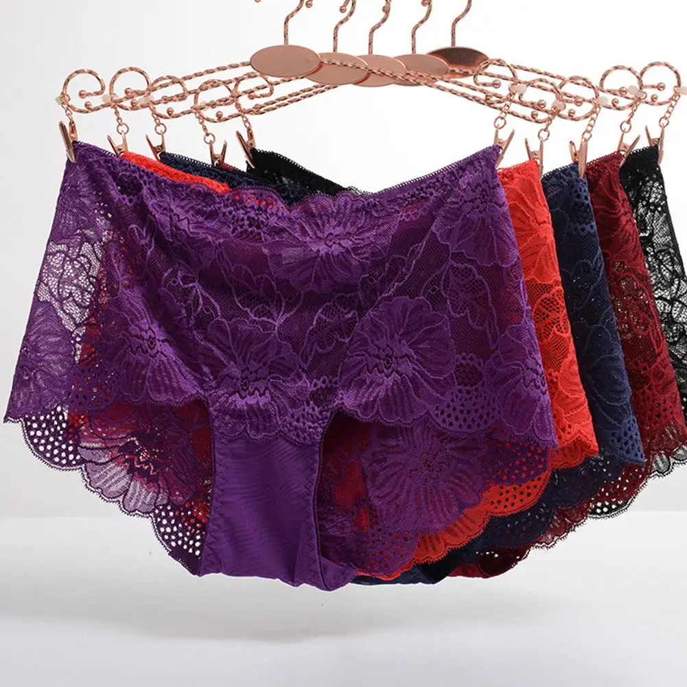 

5Pcs Underwear Women Sexy Lace See Through Hollow out Elastic Underwear High Waist Briefs Lady Panties Transparent Plus Size