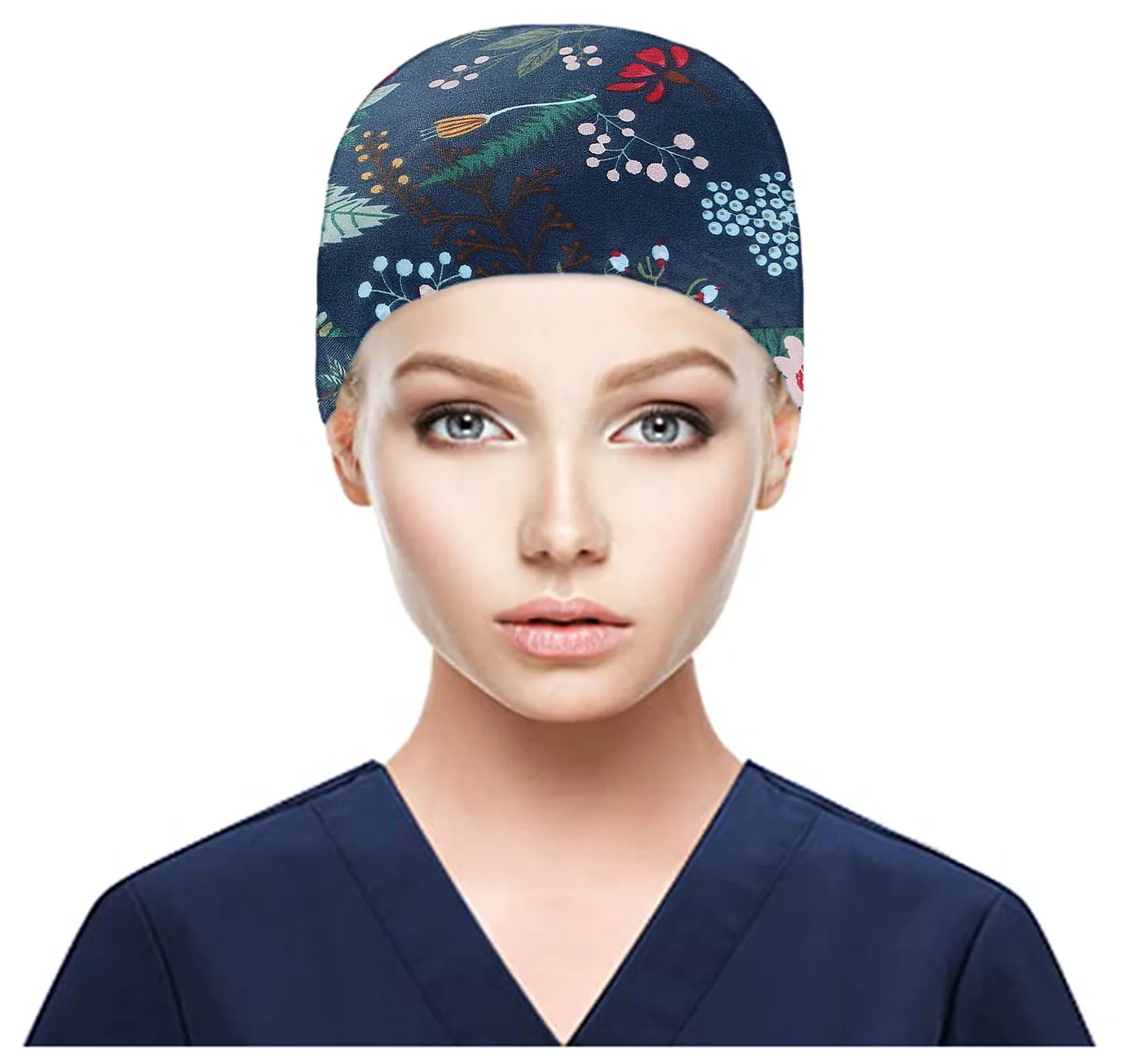 

Unisex Bouffant Hat with Buttons Sweatband Polka Color Heart Embroidery Dustproof Working Cap