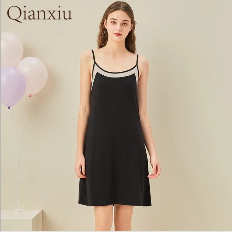 

Ladies sexy nightdress with suspenders, summer casual cotton v-neck black bamboo fiber midi skirt sleepwear women lingerie