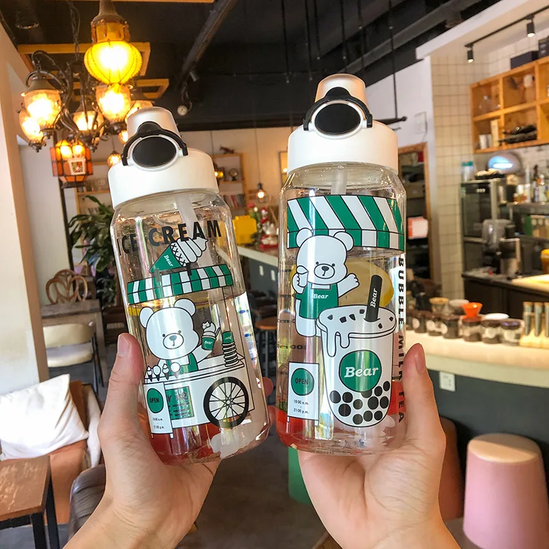 

Plastic Water Cup Large Capacity Portable Children's Straw Water Cup Lock Water Bottle Fashion Ins White Bear Cafe Water Bottle