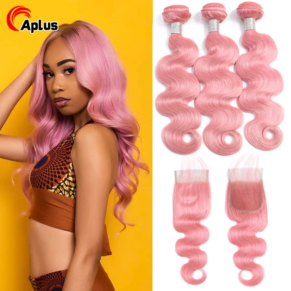 Aplus волнистые волосы розовые пучки с закрытием предварительно цветные