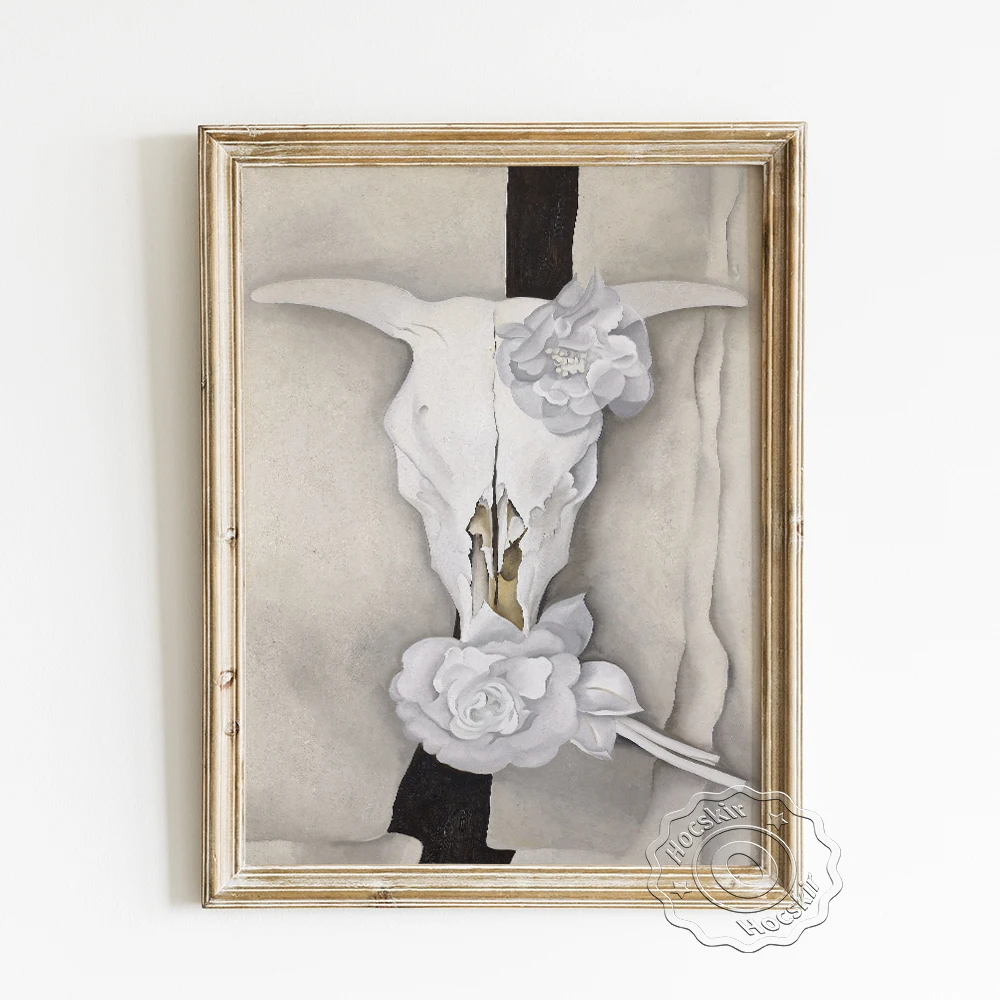

Georgia O'Keeffe Exhibition Museum Poster, Cows Skull With Calico Roses Canvas Painting, Abstract Vintage Flower Art Ptints