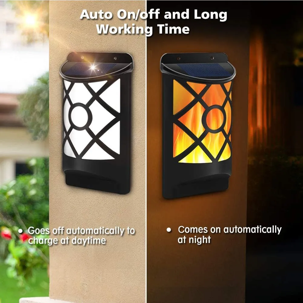 

Waterproof led solar light flame light dark sensor automatic on/off 66 LED hanging wall light courtyard design