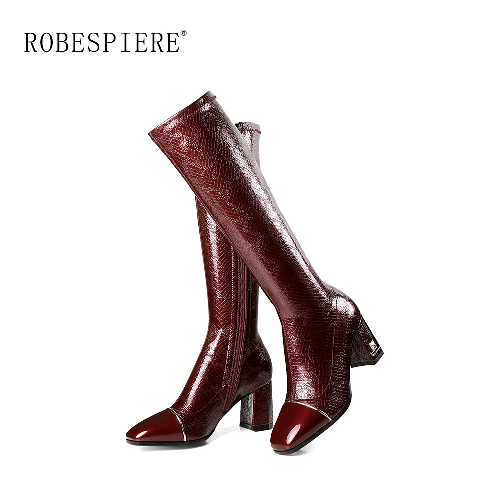 Goedkoop ROBESPIERE Vierkante Teen Knie Hoge Laarzen Vrouw Kwaliteit Lakleer Grote Size Lady Schoenen Mode Stretch Hoge Hakken Laarzen B61