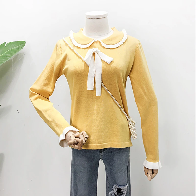 Женский милый Однотонный свитер осенний с рукавом-бабочкой Повседневный вязаный