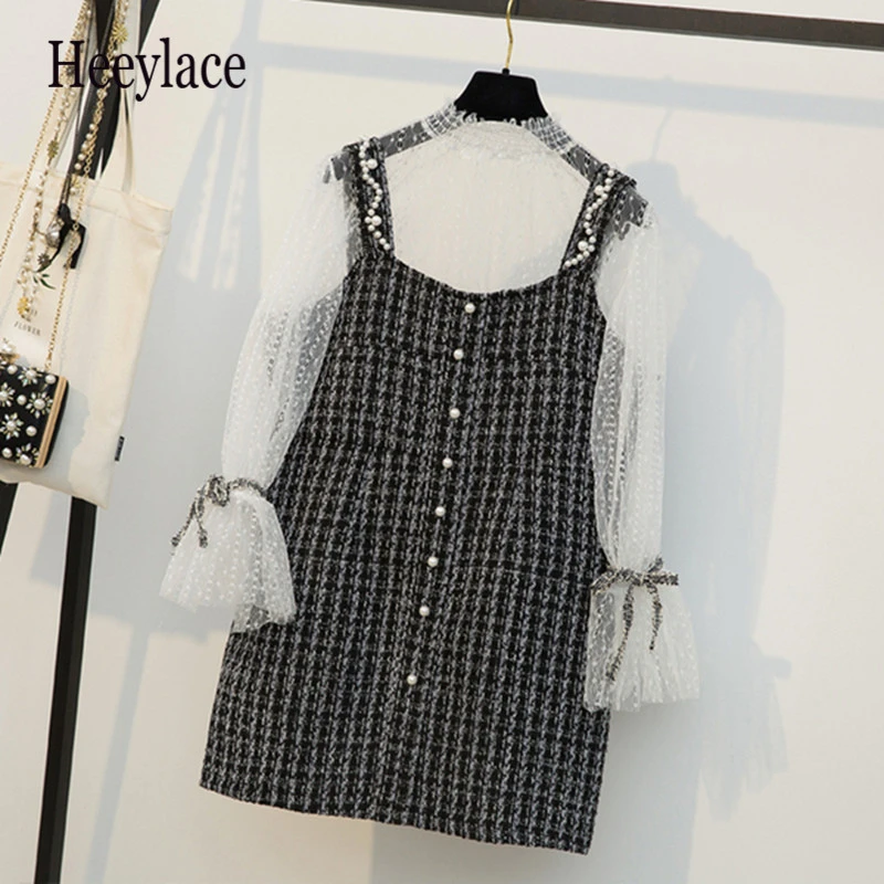 Твидовое платье комплект из 2 предметов 2019 сексуальное в горошек с расклешенными