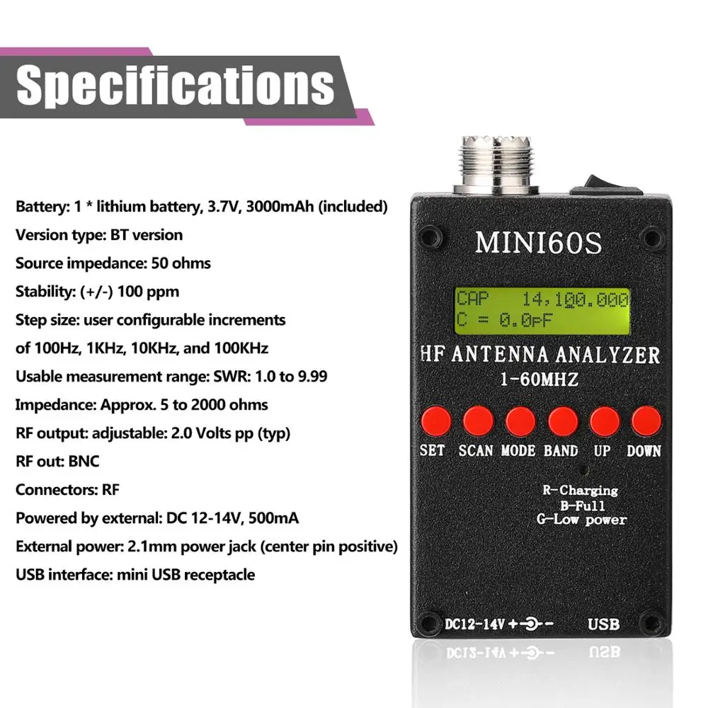 Mini60S 1 60 МГц HF ANT SWR антенный анализатор Измеритель с BT Android APP PC программное