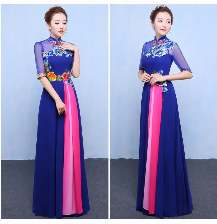 

Light Blue Women Host Banquet Dresses Vintage Mandarin Collar Cheongsam Skirt Sweet Appliques Slim Formal Party Prom Gown Qipao