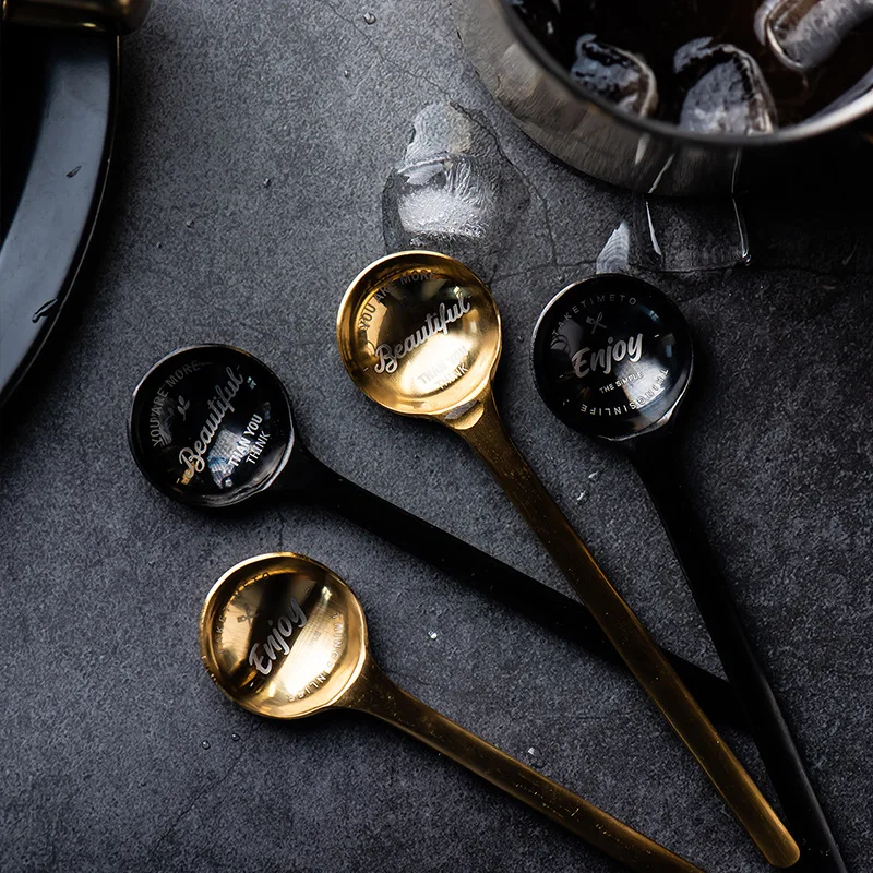 

Classic Stainless Steel Tea Spoons Coffee Ice Cream Fruit Dessert Spoon Rose Gold Black Teaspoons Tableware Home Decoration 1PC