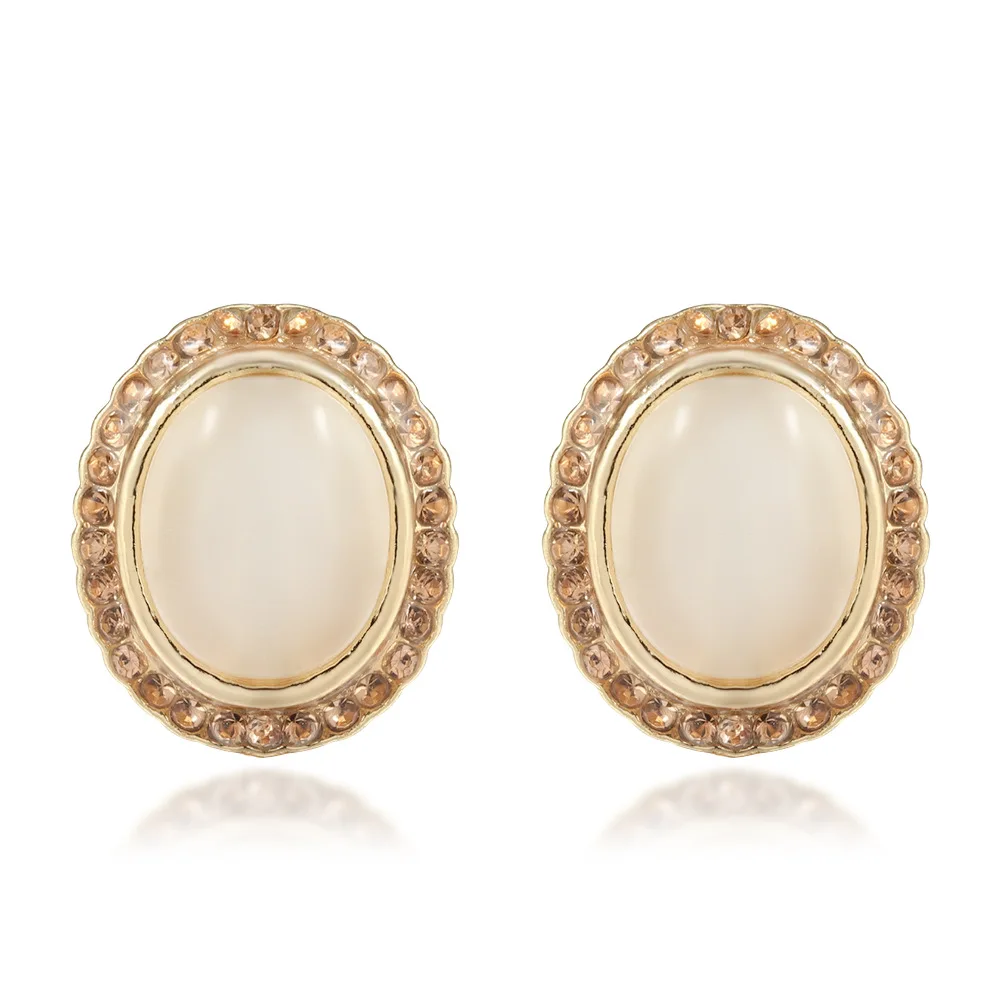 

Japanese And Korean Temperament Gold Gem Rhinestone Geometric Earring Clip White Oval Ear Clip Allergy Cat Eye Earrings