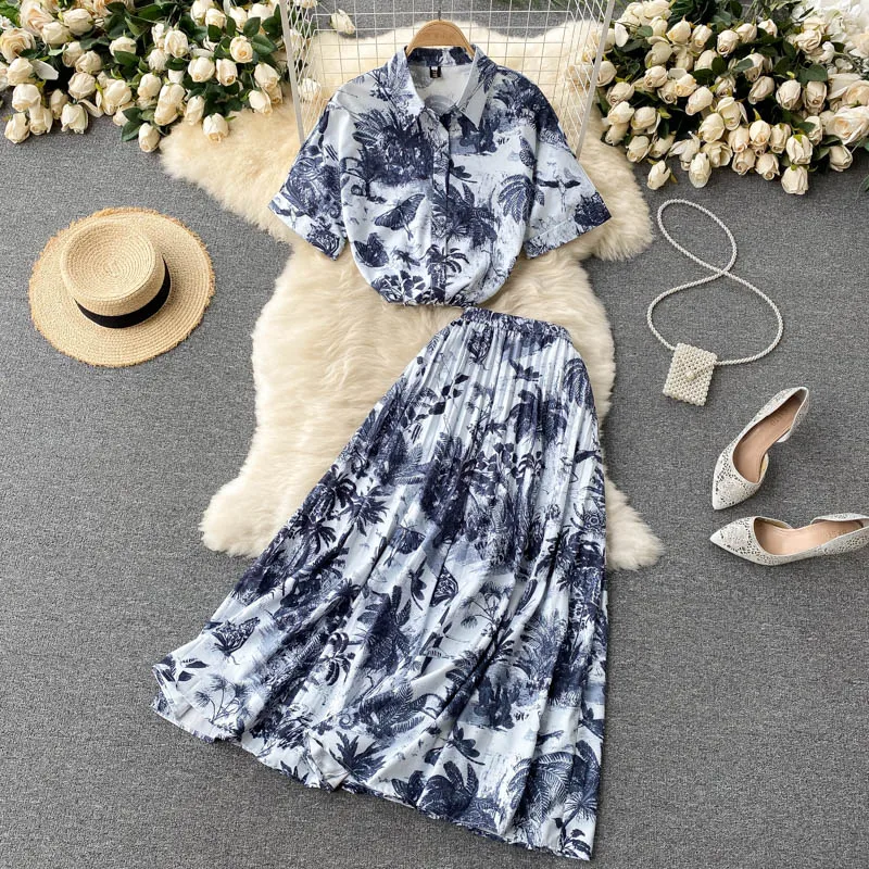 

Summer Blue Print 2Pcs Set Women Casual Turn-Down Collar Short Tops Shirt + High Waist Draped Skirt Suit Female 2021 Outfit