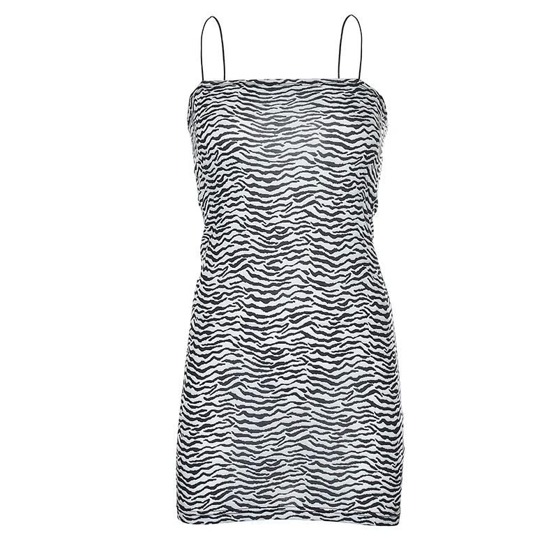 

Women Mini Dresses New Fashion Zebra Stripe Print Slim Casual Short Vestido Female Summer Bodycon Pencil Spaghetti Strap Dresses