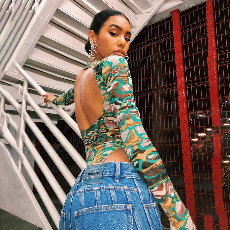 Сексуальное Женское боди с камуфляжным принтом короткий облегающий трико