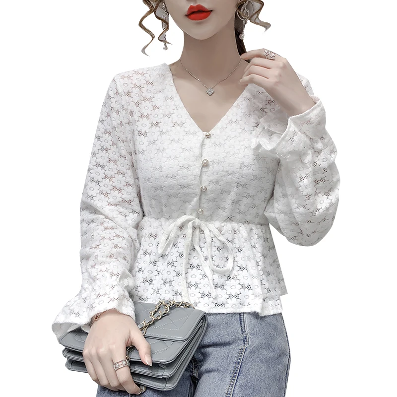 

V-neck Hollow Out Spring Autumn Blusas Mujer De Moda Lace Flare Sleeve Women's Clothing Shirts Korean Ladies Tops Fashion Brand